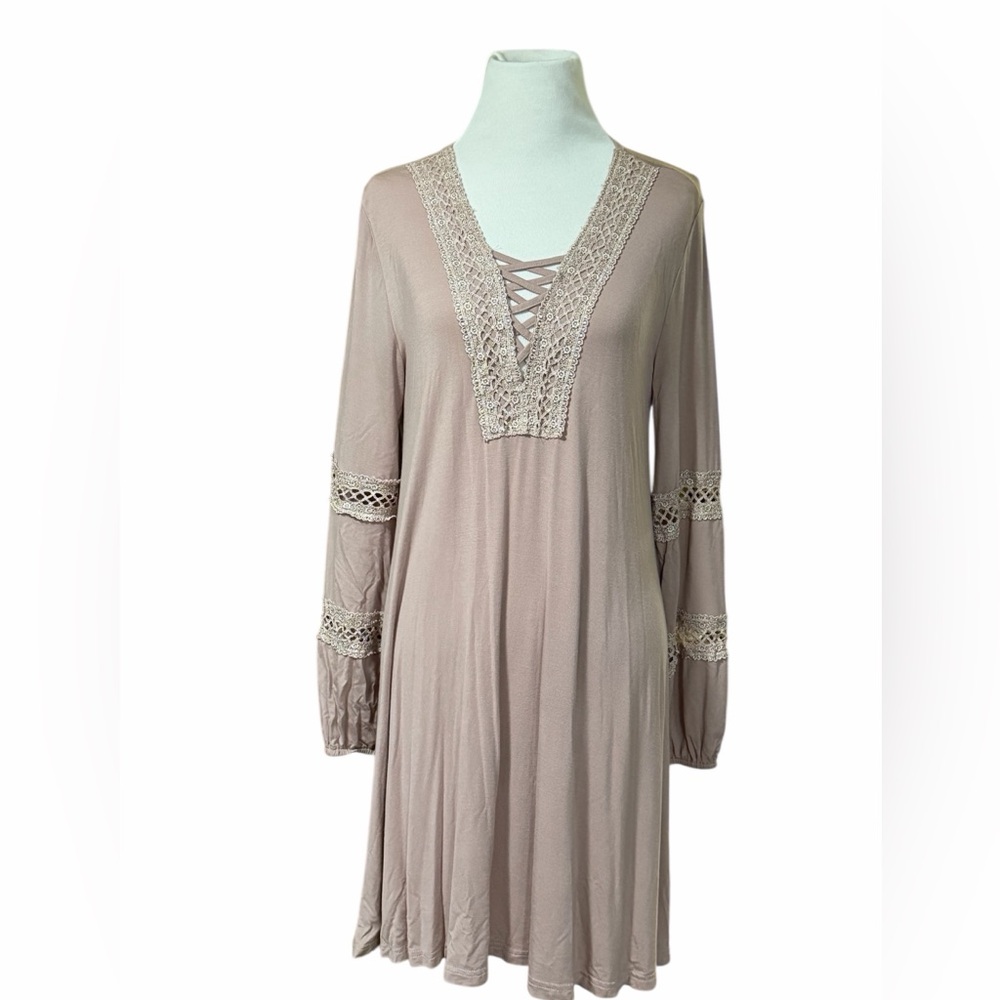 She + Sky Lace-Trimmed Taupe Flowy Tunic Dress, size S castlecore romantic